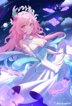 1girl absurdres alternate_costume artezahn artist_logo artist_name bare_shoulders blue_hair breasts cleavage closed_mouth commentary cyrene_(honkai:_star_rail) cyrene_(ripples_of_past_reverie)_(honkai:_star_rail) diamond-shaped_pupils diamond_(shape) dress elbow_gloves english_commentary flower gloves gradient_hair hair_flower hair_ornament halo highres honkai:_star_rail honkai_(series) logo long_dress long_hair looking_at_viewer medium_breasts multicolored_hair pink_flower pink_hair pink_rose purple_eyes puzzle_piece rose shooting_star sky smile solo symbol-shaped_pupils very_long_hair white_dress white_gloves