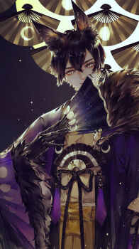 1boy animal_ear_fluff animal_ears bishounen black_gloves black_hair chinese_commentary closed_mouth commentary_request crescent earrings eyelashes eyeshadow fingernails folding_fan fox_boy fox_ears fur-trimmed_kimono fur_trim gloves hair_between_eyes hakama hand_fan hand_up highres holding holding_fan japanese_clothes jewelry kimono light_particles long_sleeves looking_at_viewer makeup male_focus obi onmyoji purple_hakama purple_kimono rope sash short_hair slit_pupils smile solo starember tassel tongue tongue_out upper_body watermark wide_sleeves yellow_eyes yellow_kimono youko_(onmyoji)