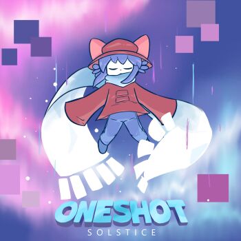 1other a-pose album_cover album_cover_redraw androgynous animal_hat aurora black_outline blue_hair blue_pants blue_scarf blue_shoes brown_coat brown_hat cat_hat celeste_(video_game) child circle closed_eyes coat colored_skin commentary copyright_name cover derivative_work english_commentary facing_viewer floating_hair full_body gradient_scarf hat hat_with_ears highres medium_hair mouthwash_inc niko_(oneshot) oneshot_(game) outline oversized_clothes pants parody parted_lips scarf shoes sky sleeves_past_fingers sleeves_past_wrists solo square white_scarf white_skin wide_sleeves