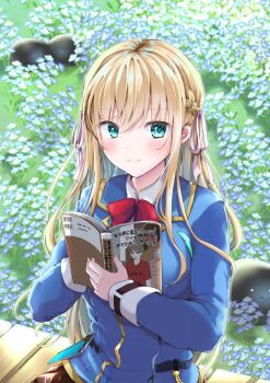 1girl absurdres blonde_hair book braid commentary_request flower grass green_hair hair_ribbon heaven_burns_red highres holding holding_book long_hair narby_(heaven_burns_red) reading ribbon ruimero school_uniform sitting toujou_tsukasa