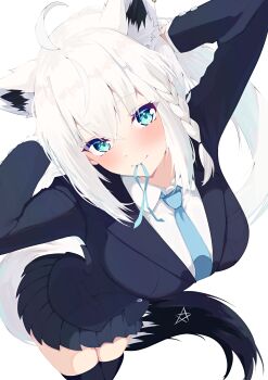 Rule 34 | 1girl, absurdres, adjusting hair, ahoge, alternate costume, animal ear fluff, animal ears, aqua eyes, black thighhighs, blazer, blue jacket, blue necktie, blue ribbon, blue skirt, blush, braid, breasts, collared shirt, commentary request, cowboy shot, fox ears, fox girl, fox tail, from above, hair between eyes, hair tie in mouth, hands up, highres, hololive, jacket, long hair, looking at viewer, mouth hold, natsuki (natsu 1936), necktie, pentagram, pleated skirt, ribbon, school uniform, shirakami fubuki, shirt, side braid, sidelocks, simple background, single braid, skindentation, skirt, smile, solo, tail, thighhighs, thighs, virtual youtuber, white hair, white shirt, zettai ryouiki