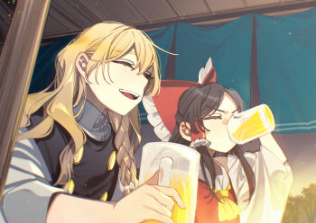 2girls alcohol ascot beer beer_mug black_vest blonde_hair bow braid brown_hair buttons closed_eyes collared_shirt commentary_request cup detached_sleeves drinking eyelashes frilled_bow frilled_hair_tubes frills hair_between_eyes hair_bow hair_tubes hakurei_reimu highres holding holding_cup indoors kirisame_marisa long_hair long_sleeves mug multiple_girls no_headwear open_mouth parted_bangs red_bow red_shirt shi_chimi shirt side_braid sidelocks single_braid sleeveless sleeveless_shirt smile teeth tongue touhou upper_body upper_teeth_only v-shaped_eyebrows vest white_shirt white_sleeves wide_sleeves yellow_ascot