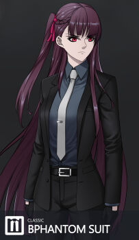 Rule 34 | 1girl, absurdres, agent 47, agent 47 (cosplay), belt, belt buckle, black belt, black gloves, black pants, black suit, breasts, buckle, business suit, cosplay, formal clothes, girls' frontline, gloves, grey necktie, half updo, highres, hitman (game), long hair, long sleeves, lzypoipoi, medium breasts, necktie, one side up, pants, purple hair, red eyes, solo, suit, wa2000 (girls' frontline)