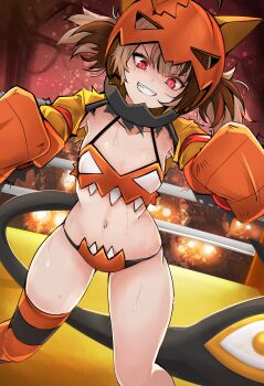 1girl boxing_gloves boxing_ring brown_hair gigi_murin grin highres hololive hololive_english navel nonoririn red_eyes single_thighhigh smile solo tagme tail thighhighs virtual_youtuber