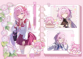 1girl ;o animal_ears bag beret blue_eyes breasts cake cat_ears drawn_ears drawn_whiskers elysia_(coco)_(honkai_impact) elysia_(hi_love_elf)_(honkai_impact) elysia_(honkai_impact) flower food glasses hairband happy_birthday hat highres honkai_(series) honkai_impact_3rd large_breasts long_hair miaogujun multiple_views official_alternate_costume one_eye_closed pen pink_hair purple_eyes red_skirt school_uniform serafuku shirt shoulder_bag skirt smile thighhighs very_long_hair white_hairband white_serafuku white_shirt white_thighhighs zettai_ryouiki