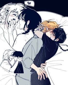 2girls ahuan_00 arms_around_another's_waist arms_around_neck bite_mark black_hair blonde_hair blush braid closed_eyes commentary enid_sinclair face-to-face facing_another grin hickey highres hug kiss long_hair looking_at_another lying multiple_girls on_bed on_side open_mouth partially_colored short_hair short_sleeves smile squeans the_addams_family twin_braids untranslatable_commentary wednesday_(netflix) wednesday_addams yuri