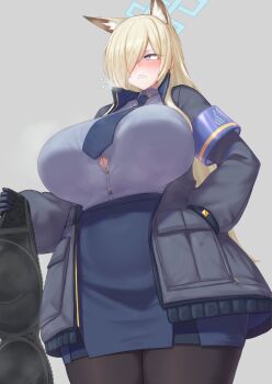1girl animal_ears armband black_bra black_gloves black_jacket blonde_hair blue_archive blue_eyes blue_skirt blush bra breasts brown_pantyhose button_gap clenched_teeth cream_cod dog_ears dress_shirt extra_ears gloves grey_shirt hair_over_one_eye halo highres huge_breasts jacket kanna_(blue_archive) long_hair long_sleeves looking_to_the_side necktie open_clothes open_jacket pantyhose pencil_skirt sharp_teeth shirt skirt solo teeth thick_thighs thighs underwear unworn_bra wide_hips