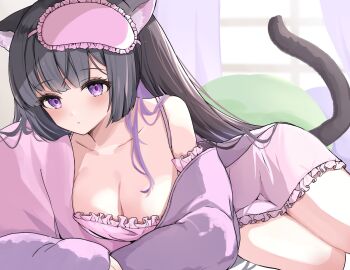 1girl animal_ears bare_shoulders black_hair breasts cat_ears cat_girl cat_tail cleavage collarbone commentary_request commission etoria eye_mask highres jacket large_breasts long_hair long_sleeves mask nightgown off_shoulder original pink_nightgown purple_eyes purple_jacket skeb_commission solo spaghetti_strap tail thighs