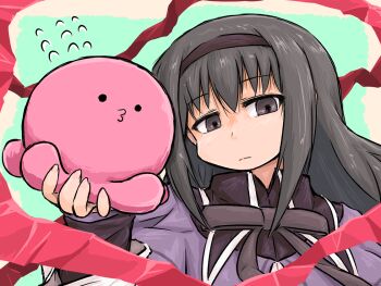 1girl akemi_homura akemi_homura_(magical_girl) black_eyes black_hair black_hairband commentary_request crossover dinonix flying_sweatdrops frown hairband holding long_hair mahou_shoujo_madoka_magica mahou_shoujo_madoka_magica_(anime) o3o takopii takopii_no_genzai