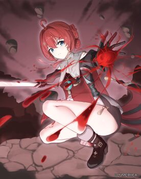 1girl ahoge black_boots black_gloves blue_eyes boots breasts closed_mouth clothing_cutout collar commentary danjin_(wuthering_waves) debris dynamic_pose earrings folded_braid gloves hair_intakes hair_ornament hemokinesis highres holding holding_sword holding_weapon hoop_earrings jewelry looking_at_viewer lumerhea red_tabard short_hair shoulder_cutout small_breasts solo sword tabard tacet_mark_(wuthering_waves) thighs twitter_username weapon white_collar wuthering_waves