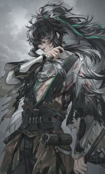 1boy arm_armor black_hair black_pants blood blood_on_face cloak commentary green_ribbon grey_eyes grey_sky hair_ribbon hand_up highres holding long_hair male_focus outdoors pants parted_lips ponytail qiuyuan_(wuthering_waves) rain ribbon sky solo symbol-only_commentary to_e toned toned_male white_cloak wuthering_waves
