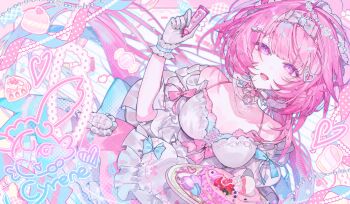 1girl bow bowtie cake cyrene_(honkai:_star_rail) dress food gloves hair_bow highres honkai:_star_rail honkai_(series) long_hair macaron open_mouth pink_bow pink_bowtie pink_eyes pink_hair solo to_ko white_dress white_gloves