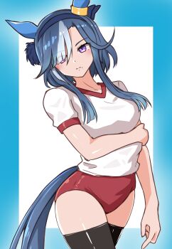 1girl absurdres admire_groove_(umamusume) animal_ears arm_under_breasts black_thighhighs blue_hair blush breasts buruma closed_mouth ear_covers ear_ornament enukee gym_shirt hairband highres horse_ears horse_girl horse_tail long_hair looking_at_viewer mole mole_under_mouth multicolored_hair purple_eyes red_buruma shirt short_sleeves solo streaked_hair tail thighhighs tracen_training_uniform umamusume white_hair white_shirt white_streaks