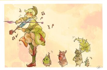 1boy blonde_hair blush closed_eyes fado_(wind_waker) full_body h4m_bone hat highres instrument irch_(zelda) kokiri korok leaf linder_(the_legend_of_zelda) makar mask music musical_note nintendo olivio_(zelda) playing_instrument smile the_legend_of_zelda the_legend_of_zelda:_the_wind_waker violin walking