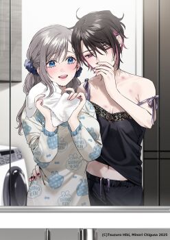 2girls black_camisole black_hair black_nails blue_scrunchie breasts camisole chigusa_minori cleavage colored_inner_hair commentary_request hair_ornament hair_scrunchie hickey highres long_hair messy_hair midriff multicolored_hair multiple_girls nail_polish navel official_art open_mouth pajamas pink_hair purple_nails saotome_shino_(shino_to_ren) scrunchie shino_to_ren shirayuki_ren short_hair strap_slip yawning yuri