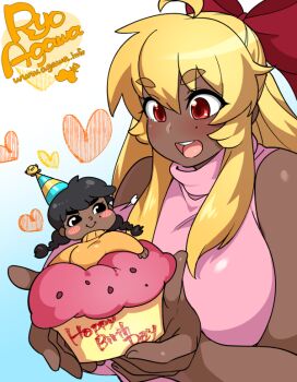 2girls agawa_ryou ahoge artist_name artist_self-insert bad_id bad_tumblr_id bare_shoulders blonde_hair blush_stickers borrowed_character bow breasts cupcake dark-skinned_female dark_skin food ganguro gyaru hair_bow hair_ribbon happy_birthday huge_breasts in_food kirbila_(yellow_kirby) krubby_(yellow_kirby) long_hair mini_person minigirl mole mole_under_eye multiple_girls open_mouth original red_bow red_eyes ribbon sidelocks sleeveless sleeveless_turtleneck smile thick_eyebrows turtleneck watermark web_address