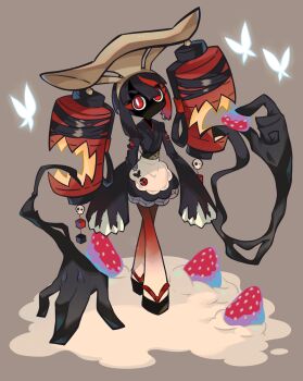 Rule 34 | 1girl, black hair, black skin, bright pupils, bug, butterfly, colored skin, cream, extra arms, food, fruit, full body, glowing butterfly, gradient legwear, grey background, highres, hosa-n, insect, japanese clothes, maid, monster girl, no feet, no mouth, no nose, original, red eyes, red hair, ring hair ornament, sandals, shadow hands, simple background, skull ornament, sleeves past fingers, sleeves past wrists, solo, strawberry, wa maid, white pupils