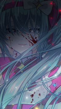 1girl artist_name blood blood_on_clothes blood_on_face blue_hair bow bow_hairband bowtie bright_pupils brown_background dress earrings floating_hair hair_between_eyes hairband hashtag-only_commentary hatsune_miku highres jewelry long_hair looking_at_viewer mandarin_collar mesmerizer_(vocaloid) miyachi_(tanya_visha) open_mouth pink_bow pink_bowtie pink_dress pink_eyes pink_hairband pink_ribbon puffy_short_sleeves puffy_sleeves ribbon short_sleeves sidelocks simple_background smile solo star-shaped_pupils star_(symbol) star_ornament symbol-shaped_pupils twintails upper_body white_bow white_pupils