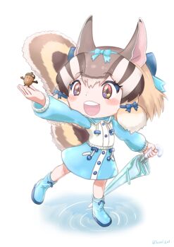 Rule 34 | 1girl, absurdres, acorn, animal ears, blue ribbon, boots, brown eyes, brown hair, chipmunk ears, chipmunk girl, chipmunk tail, extra ears, full body, highres, kemono friends, kemono friends v project, raincoat, ribbon, saival cat, short hair, siberian chipmunk (kemono friends), simple background, tail, umbrella, virtual youtuber