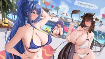 &gt;_&lt; 6+girls :d @_@ absurdres ahoge aircraft airship akashi_(azur_lane) animal_ears anniversary aqua_streaks arms_up azur_lane balloon bare_shoulders beach beach_chair beach_house beach_umbrella bikini black_one-piece_swimsuit black_shoes blue-tinted_eyewear blue_bikini blue_eyes blue_hair blue_sky blush bottle breast_rest breasts brown_bikini brown_hair brown_hat cat_ears cat_girl cheshire_(azur_lane) cheshire_(summery_date!)_(azur_lane) cleavage closed_eyes cloud cloudy_sky cocktail_glass collarbone commentary covered_erect_nipples cow_ears cow_girl cow_horns cow_tail crazy_straw criss-cross_halter crossed_legs cup donut_innertube drinking_glass drinking_straw drooling dutch_angle english_commentary eyewear_on_head flower flying_sweatdrops full-face_blush green-tinted_eyewear green_hair hair_between_eyes hair_flower hair_ornament hair_over_one_eye halterneck hand_in_own_hair hand_on_own_cheek hand_on_own_face hat heart heart-shaped_pupils heterochromatic_eyewear highres horns huge_breasts innertube jean_bart_(azur_lane) jean_bart_(private_apres_midi)_(azur_lane) kashino_(azur_lane) kashino_(hot_springs_relaxation)_(azur_lane) large_breasts leather_bikini long_hair looking_at_viewer lotion lotion_bottle manjuu_(azur_lane) medium_breasts menu_board micro_shorts milk_bottle mogador_(azur_lane) mogador_(locker_room_lechery)_(azur_lane) mole mole_on_breast mouth_drool multi-strapped_bikini_bottom multicolored_hair multiple_girls navel new_jersey_(azur_lane) new_jersey_(midsummer_leisure)_(azur_lane) o-ring o-ring_bikini official_alternate_costume one-piece_swimsuit open_mouth outdoors outstretched_arm palm_tree pirate_hat ponytail pool pool_ladder poolside pouring pouring_onto_self purple_bikini purple_eyes purple_hair riflech shoes shorts sitting skindentation sky sleeves_past_fingers sleeves_past_wrists smile strapless strapless_bikini sunglasses sunscreen swim_ring swimsuit symbol-shaped_pupils tail tinted_eyewear tree triangular_eyewear two-tone_hair umbrella very_long_hair white_bikini white_flower xd