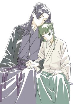 1boy 1girl beads bun_cover chinese_clothes closed_eyes couple dangomochi2 freckles green_hair hair_beads hair_bun hair_ornament half_updo hetero highres holding_hands interlocked_fingers jinshi_(kusuriya_no_hitorigoto) kusuriya_no_hitorigoto leaning_on_person maomao_(kusuriya_no_hitorigoto) parted_bangs purple_hair sidelocks white_background