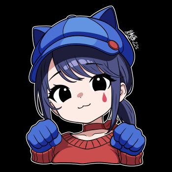 1girl :3 absurdres animal_ears black_eyes blue_gloves blue_hair cat_ears chibi facial_tattoo gloves highres looking_at_viewer miside paw_pose red_sweater smile sweater tattoo therealflamecat