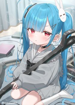 1girl black_bow black_nails blue_hair blush bow carpet closed_mouth commentary_request curtains dress ear_piercing frilled_sailor_collar frilled_shirt frills grey_dress grey_sailor_collar grey_shirt hair_bow hair_ornament hairclip highres indoors kanae_(tsukiman) long_hair long_sleeves looking_at_viewer nail_polish no_shoes original piercing puffy_long_sleeves puffy_sleeves rabbit_hair_ornament red_eyes revision sailor_collar shirt sitting sleeves_past_wrists socks solo tsukiman twintails twitter_username vacuum_cleaner very_long_hair wariza white_socks wooden_floor