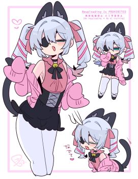 1boy animal_ear_fluff animal_ears armpits bare_shoulders bell black_choker black_corset black_ribbon black_shoes black_skirt black_tail blue_eyes blue_hair blush bow cardigan cat_boy cat_ears cat_tail chibi choker closed_eyes collar colored_tips commentary corset covering_own_mouth crossdressing crossdressing_(mtf) disembodied_hand double-parted_bangs extra_ears eyepatch fang feet_out_of_frame flipped_hair frilled_collar frills full_body hair_between_eyes hair_bow hair_intakes hand_up hands_up heart highres leaning_forward long_hair long_sleeves male_focus multicolored_hair multiple_views narrowed_eyes neck_bell neck_ribbon no_nose no_pupils off_shoulder one_eye_covered op_na_yarou open_cardigan open_clothes open_mouth original pantyhose pink_bow pink_cardigan pink_shirt pink_streaks quad_tails raised_inner_eyebrows red_hair ribbon rigel_(op_na_yarou) see-through_clothes see-through_skirt shirt shoes sidelocks simple_background skin_fang skirt sleeveless sleeveless_shirt sleeves_past_fingers sleeves_past_wrists standing streaked_hair tail thighhighs translated trap watermark white_background white_hair white_pantyhose white_thighhighs