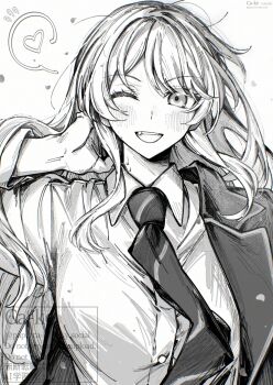 1girl bang_dream! bang_dream!_it&#039;s_mygo!!!!! blush breasts chihaya_anon collared_shirt commentary diagonal-striped_clothes diagonal-striped_necktie dress_shirt fang greyscale haneoka_school_uniform long_hair looking_at_viewer medium_breasts monochrome necktie one_eye_closed open_mouth paperca-ke school_uniform shirt single_off_shoulder solo striped_clothes teeth upper_teeth_only