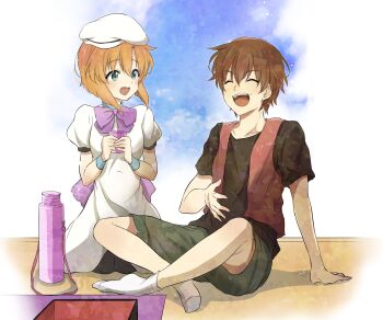 1boy 1girl bento black_legwear black_shirt blue_eyes blush bow brown_hair closed_eyes crossed_legs cup dress green_shorts hat highres higurashi_no_naku_koro_ni holding holding_cup laughing laughing_man_(gits) maebara_keiichi open_mouth orange_hair pink_bow red_vest ryuuguu_rena shirt short_hair shorts shosudo sitting sky socks vest white_dress white_headwear white_legwear