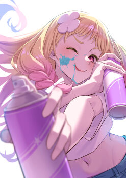 Rule 34 | 1girl, absurdres, blonde hair, braid, commentary request, denim, flower, gradient hair, hair flower, hair ornament, highres, holding, holding spray can, idobata, long hair, looking at viewer, love live!, love live! superstar!!, midriff, multicolored hair, navel, one eye closed, onitsuka natsumi, paint, paint splatter, paint splatter on face, pink hair, red eyes, shirt, smile, solo, spray can, tongue, tongue out, white background, white shirt