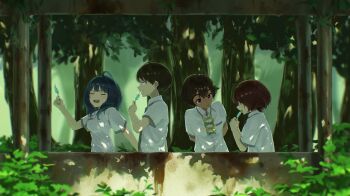 1boy 4girls ahoge black_hair blue_bow blue_hair bow brown_eyes brown_hair commentary_request food green_bow hair_ornament highres holding holding_food holding_ice_cream ice_cream komari_chika make_heroine_ga_oo_sugiru! multiple_girls nukumizu_kazuhiko open_mouth school_uniform shinozuka_art shirt white_shirt yakishio_lemon yanami_anna yellow_bow