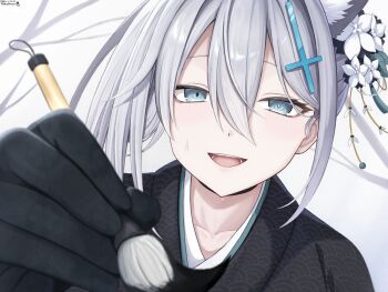 1girl :d animal_ear_fluff animal_ears artist_name black_gloves black_kimono blue_archive blue_eyes calligraphy_brush collarbone commentary cross_hair_ornament dated flower gloves grey_hair hair_between_eyes hair_flower hair_ornament hair_up highres holding holding_calligraphy_brush holding_paintbrush japanese_clothes k-d kimono light_blush mismatched_pupils open_mouth paintbrush portrait shiroko_terror_(blue_archive) smile solo wolf_ears wolf_girl