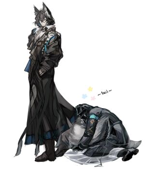 Rule 34 | 1boy, 1other, ambiguous gender, animal ears, arknights, beard stubble, black boots, black coat, black pants, boots, coat, commentary, covered face, doctor (arknights), english commentary, english text, expressionless, facial hair, flower symbol, fox boy, fox ears, fox tail, full body, grey eyes, grey hair, hair between eyes, hand in pocket, highres, hood, hood up, hooded coat, hugging another's tail, hugging tail, large tail, long hair, long sleeves, mature male, mole, mole on chest, mole on neck, mole under eye, nowell (arknights), on floor, one eye covered, open collar, pants, popped collar, s11puha, shirt, sideways glance, simple background, sitting, standing, stubble, tail, wariza, white background, white shirt