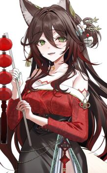 1girl :d alternate_costume animal_ears bare_shoulders breasts brown_hair chinese_clothes commentary_request cowboy_shot floral_print flower fox_ears fox_girl fox_tail fugue_(honkai:_star_rail) gradient_hair green_eyes hair_flower hair_ornament hairpin high-waist_skirt highres honkai:_star_rail honkai_(series) kawachi_rin lace lantern long_hair medium_breasts multicolored_hair nail_polish off_shoulder open_mouth skirt smile tail tassel tingyun_(honkai:_star_rail) very_long_hair white_background