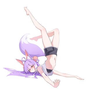 1girl :t absurdres ahoge animal_ear_fluff animal_ears bare_legs barefoot black_bra black_shorts bra commentary_request cone_hair_bun crop_top cropped_shirt fallen_down fox_ears fox_girl fox_tail green_eyes hair_bun hair_intakes hair_ornament heterochromia highres korean_commentary long_hair multicolored_hair navel orange_eyes pom_pom_(clothes) pom_pom_hair_ornament pout purple_hair purple_tail shirt short_shorts shorts simple_background small_sweatdrop solo stellive stomach streaked_hair tail tank_top tenko_shibuki tiokun7 two-tone_hair underwear v-shaped_eyebrows virtual_youtuber white_background white_streaks white_tank_top