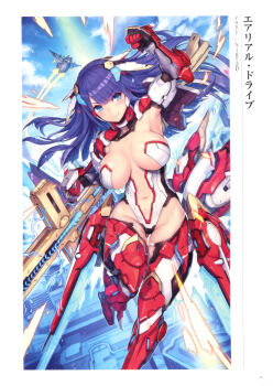 absurdres artist_request bikini blue_eyes blue_hair blunt_bangs breasts center_opening craft_essence_(fate) cross cross_necklace fate/grand_order fate_(series) gauntlets gloves highres jewelry large_breasts machine martha_(aerial_drive)_(fate) martha_(fate) necklace purple_hair red_gloves straight_hair swimsuit