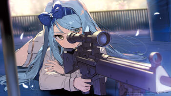 1girl absurdres artist_name blue_bow blue_hair blush bow closed_mouth full_body gun highres holding holding_gun holding_weapon itan_na_karera_no_kimitsu_kyoshitsu long_hair long_sleeves looking_through_scope lying nauribon night on_stomach outdoors railing ribbon rifle rooftop sakuragahira_aoba school_uniform scope shirt skirt sniper_rifle solo tsurime v-shaped_eyebrows weapon white_shirt yellow_eyes