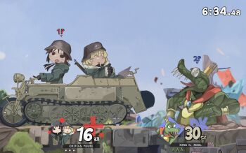 1boy 2girls :d :o =_= absurdres black_eyes black_hair blonde_hair blue_sky brodie_helmet cape chito_(shoujo_shuumatsu_ryokou) coat combat_helmet commentary_request crossover crown donkey_kong_(series) english_text from_side fur-trimmed_coat fur_trim green_coat green_pants gun gun_on_back heads-up_display helmet highres kettenkrad king_k._rool long_hair looking_at_another low_twintails military military_uniform multiple_girls naaga_sonomono nintendo open_mouth outdoors pants red_cape sharp_teeth shoujo_shuumatsu_ryokou sky smile stahlhelm super_smash_bros. teeth twintails user_interface weapon weapon_on_back yuuri_(shoujo_shuumatsu_ryokou)