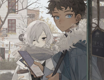 Rule 34 | 2boys, bags under eyes, bare tree, black eyes, black hair, blue eyes, building, contemporary, cup, curly hair, dark-skinned male, dark skin, dungeon meshi, elf, fur-trimmed jacket, fur trim, grey hair, highres, holding, holding cup, holding paper, jacket, kabru, kurii, lazy eye, looking at viewer, male focus, mithrun, multiple boys, notched ear, paper, pointy ears, scarf, short hair, tree, uneven eyes, winter, winter clothes