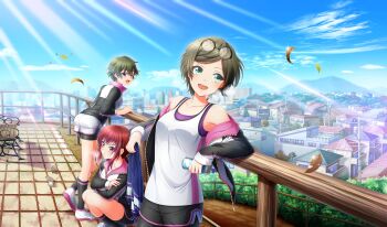 3girls :d bench bike_shorts bike_shorts_under_shorts bird black-framed_eyewear black_shorts black_socks blurry can cinderella_series cloud crossed_bangs depth_of_field drink_can eyewear_on_head falling_petals game_cg glasses green_eyes green_hair hachigatsu_no_cinderella_nine hair_ornament hairclip highres holding holding_can holding_towel house jacket kurashiki_maiko light_rays long_sleeves looking_to_the_side multiple_girls nakano_ayaka non-web_source official_art open_clothes open_jacket open_mouth outdoors over-rim_eyewear petals power_lines purple_eyes railing red_eyes red_hair round_eyewear semi-rimless_eyewear shirt shoes short_hair shorts sky sleeveless sleeveless_shirt smile sneakers socks solo_focus sparrow squatting standing sunbeam sunlight taketomi_aya teeth tile_floor tiles towel track_suit upper_teeth_only utility_pole white_footwear white_shirt white_shorts wooden_railing