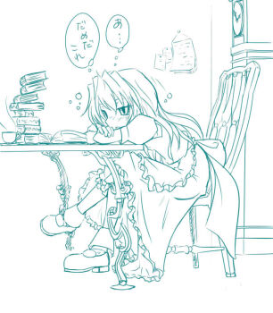 1girl apron arm_rest back_bow blush book book_stack bow chair clock commentary_request crossed_legs cup dress frilled_apron frills full_body greyscale hair_between_eyes head_rest indoors kirisame_marisa lineart long_dress long_hair maid monochrome neki-t on_chair open_book open_mouth paper puffy_short_sleeves puffy_sleeves saucer shoes short_sleeves sleepy socks solo speech_bubble squeans table teacup thought_bubble touhou translation_request wall_clock