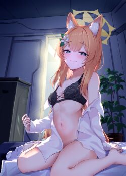 1girl absurdres animal_ear_fluff animal_ears barefoot black_bra blue_archive blue_eyes bra breasts cat_ears cat_girl commentary_request eco_mak1 halo highres indoors mari_(blue_archive) medium_hair navel open_clothes open_shirt orange_hair plant potted_plant shirt sitting small_breasts smile solo stomach thighs underwear wariza white_shirt yellow_halo