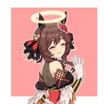 1girl animal_ears bare_shoulders blush braid braided_hair_rings breasts brown_hair corset detached_sleeves dress ear_covers ear_ornament gentildonna_(regina_dei_fiori)_(umamusume) gentildonna_(umamusume) gloves hair_between_eyes hair_ornament hair_rings halo heart-shaped_ornament heart_ear_ornament highres horse_ears horse_girl long_hair looking_at_viewer looking_back parted_lips red_corset sakuraji_rai smile solo umamusume upper_body white_gloves