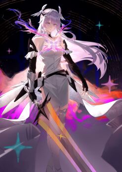 1girl appl3 arm_armor armored_boots bare_shoulders black_gloves boots braid brooch chaos_zero_nightmare commentary crown_braid double-parted_bangs dress fingerless_gloves gloves hair_between_eyes hair_intakes hair_ornament headpiece highres holding holding_sword holding_weapon jewelry looking_at_viewer luche_(chaos_zero_nightmare) pink_eyes pink_hair solo star_brooch sword weapon white_dress wing_brooch