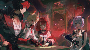 1boy 4girls absurdres alice_thymefield animal_ears bangboo_(zenless_zone_zero) bare_shoulders black_hair black_hat black_jacket black_sailor_collar blonde_hair blue_hair blush braid braided_twintails breasts cardigan chest_bow choker cleavage closed_mouth dog_boy dog_ears fingerless_gloves gloves glowing glowing_eyes goat_ears goat_girl goat_horns green_eyes hair_between_eyes hair_ornament hat hearing_aid heterochromia highres hood hood_down horizontal_pupils horns jacket jewelry key key_choker komano_manato kotobuki_nashiko long_hair low_twin_braids low_twintails lucia_elowen medallion miss_esme_(zenless_zone_zero) mole mole_on_arm mole_under_mouth monster_girl multicolored_hair multiple_girls multiple_scars muscular muscular_male necklace open_mouth pectorals pink_cardigan pointy_ears purple_eyes rabbit_ears rabbit_girl red_bandage red_eyes red_hair sailor_collar scar scar_on_chest shirt short_hair sitting smile sphere_hair_ornament spiked_jacket thiren twin_braids twintails ukinami_yuzuha very_long_hair white_shirt yellow_eyes yidhari_murphy zenless_zone_zero