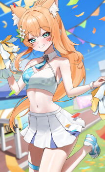 1girl absurdres animal_ear_fluff animal_ears blue_archive blurry blurry_background breasts cleavage commentary_request confetti crop_top cropped_shirt day depth_of_field double-parted_bangs flower foot_out_of_frame green_eyes grin hair_flower hair_ornament hand_up heart heart_sticker highres holding holding_pom_poms leg_up long_hair looking_at_viewer mari_(blue_archive) medium_breasts millennium_cheerleader_outfit_(blue_archive) miniskirt navel orange_hair outdoors pleated_skirt pom_pom_(cheerleading) pom_poms ponytail poppo_myupunk98 shirt shoes skirt sleeveless sleeveless_shirt small_sweatdrop smile sneakers solo standing standing_on_one_leg sticker sticker_on_face stomach two-tone_shirt white_flower white_skirt