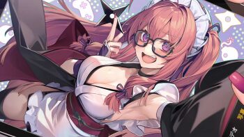 1girl @_@ ahoge apron armpits breasts cellphone cleavage detached_sleeves embarrassed end_card fang hair_between_eyes hair_ribbon highres holding holding_shuriken holding_weapon ideura_shizuri_(neet_kunoichi) japanese_clothes large_breasts long_hair maid maid_apron maid_headdress nail_polish neet_de_otaku_na_kunoichi_to_naze_ka_dousei_hajimemashita official_art open_mouth phone pink_hair purple_eyes purple_ribbon red_nails ribbon screen selfie shirokitsune shuriken sidelocks smartphone solo teeth two_side_up upper_teeth_only very_long_hair wa_maid weapon wide_sleeves