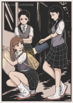 3girls absurdres backpack bag black_hair black_skirt brown_eyes brown_hair collared_shirt commentary_request flashlight grey_vest hasegawa_yukari highres indoors itsushima_chisato kishii_mika lockpick medium_skirt multiple_girls muted_color plaid_clothes plaid_skirt ponytail school_uniform shirt shoes short_sleeves skirt smile socks squatting standing twilight_syndrome tyanoki vest white_shirt white_socks