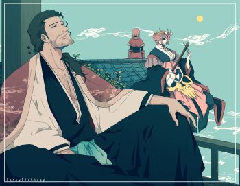 Rule 34 | 1boy, 2girls, absurdres, architecture, arm hair, beard, black eyes, black hair, bleach, breasts, chest hair, cleavage, commentary request, drill hair, east asian architecture, facial hair, hair over shoulder, haori, happy birthday, highres, huge breasts, instrument, japanese clothes, katen kyoukotsu, kyouraku shunsui, long hair, looking up, m1gm1gmagnesium, multiple girls, music, okyou (bleach), playing instrument, shihakusho, sitting, sun, taichou haori, twin drills